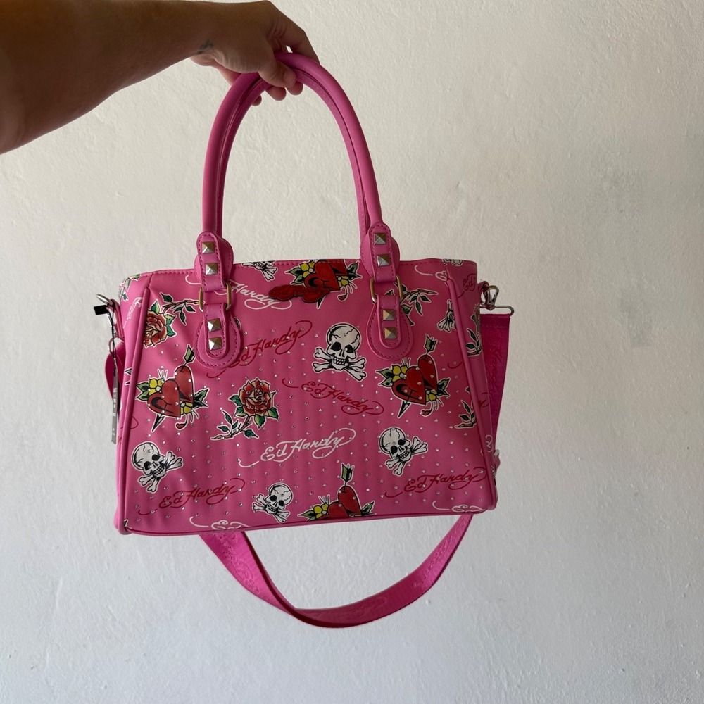 Ed Hardy Pink Skull Heart Thermal Lunch Tote Bag Rhinestone Y2K NWT Insulated - Picture 15 of 16